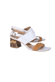 Lafayette 148 - Ivory & Tan Leather Strappy Sandals with Snake Skin Embossed Heel Sz 11