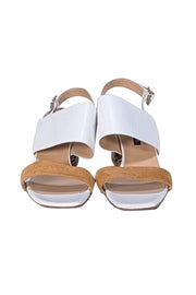 Lafayette 148 - Ivory & Tan Leather Strappy Sandals with Snake Skin Embossed Heel Sz 11