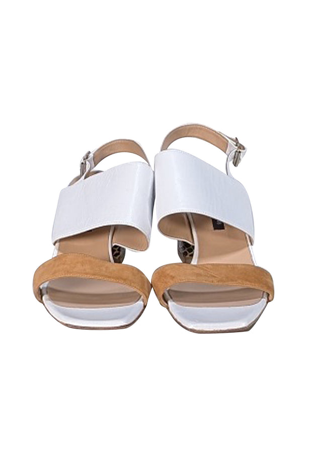 Lafayette 148 - Ivory & Tan Leather Strappy Sandals with Snake Skin Embossed Heel Sz 11