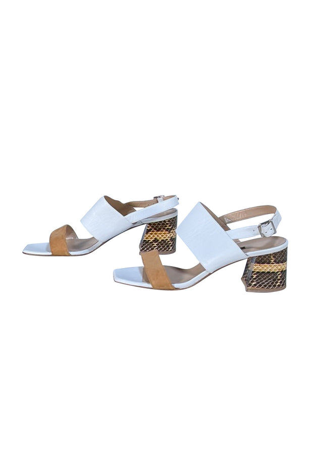 Lafayette 148 - Ivory & Tan Leather Strappy Sandals with Snake Skin Embossed Heel Sz 11