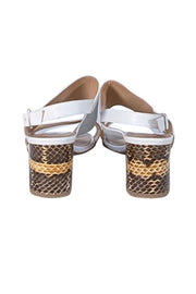 Lafayette 148 - Ivory & Tan Leather Strappy Sandals with Snake Skin Embossed Heel Sz 11