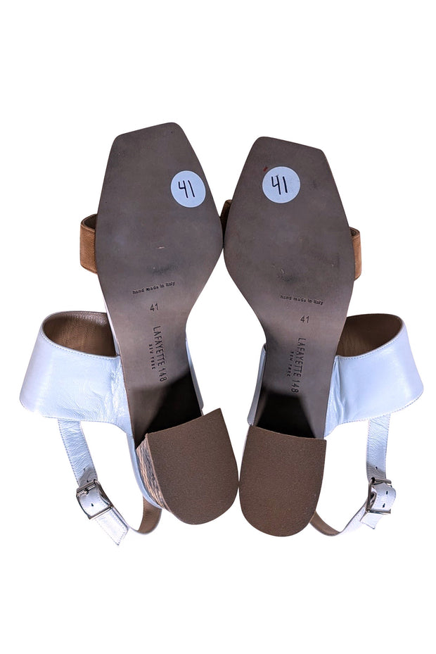 Lafayette 148 - Ivory & Tan Leather Strappy Sandals with Snake Skin Embossed Heel Sz 11