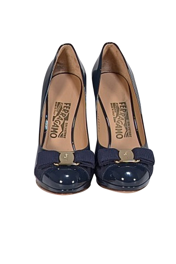 Ferragamo - Navy Patent Leather Bow Front Pumps Sz 5.5 - Current Boutique