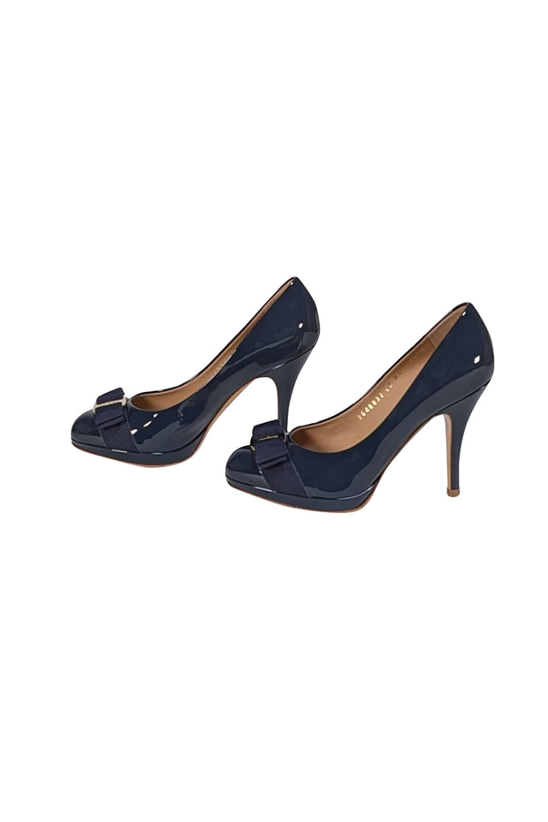 Ferragamo - Navy Patent Leather Bow Front Pumps Sz 5.5 - Current Boutique