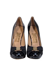 Ferragamo - Black Patent Leather Bow Front Pumps Sz 5.5 - Current Boutique
