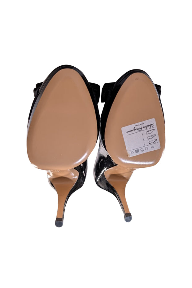 Ferragamo - Black Patent Leather Bow Front Pumps Sz 5.5 - Current Boutique