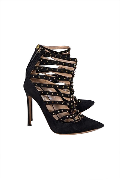 Valentino - Black Suede Multi Strap Studded Trim Pointed Toe Pumps Sz 7.5 - Current Boutique