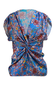 Prabal Gurung - Blue & Multicolor Floral Knot Front Shirt Sz 0 - Current Boutique