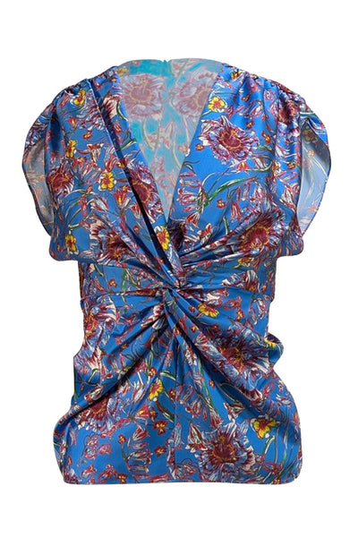 Prabal Gurung - Blue & Multicolor Floral Knot Front Shirt Sz 0 - Current Boutique