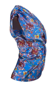 Prabal Gurung - Blue & Multicolor Floral Knot Front Shirt Sz 0 - Current Boutique