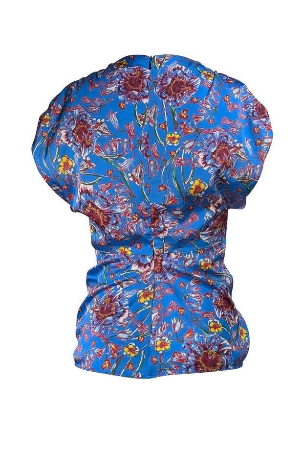 Prabal Gurung - Blue & Multicolor Floral Knot Front Shirt Sz 0 - Current Boutique