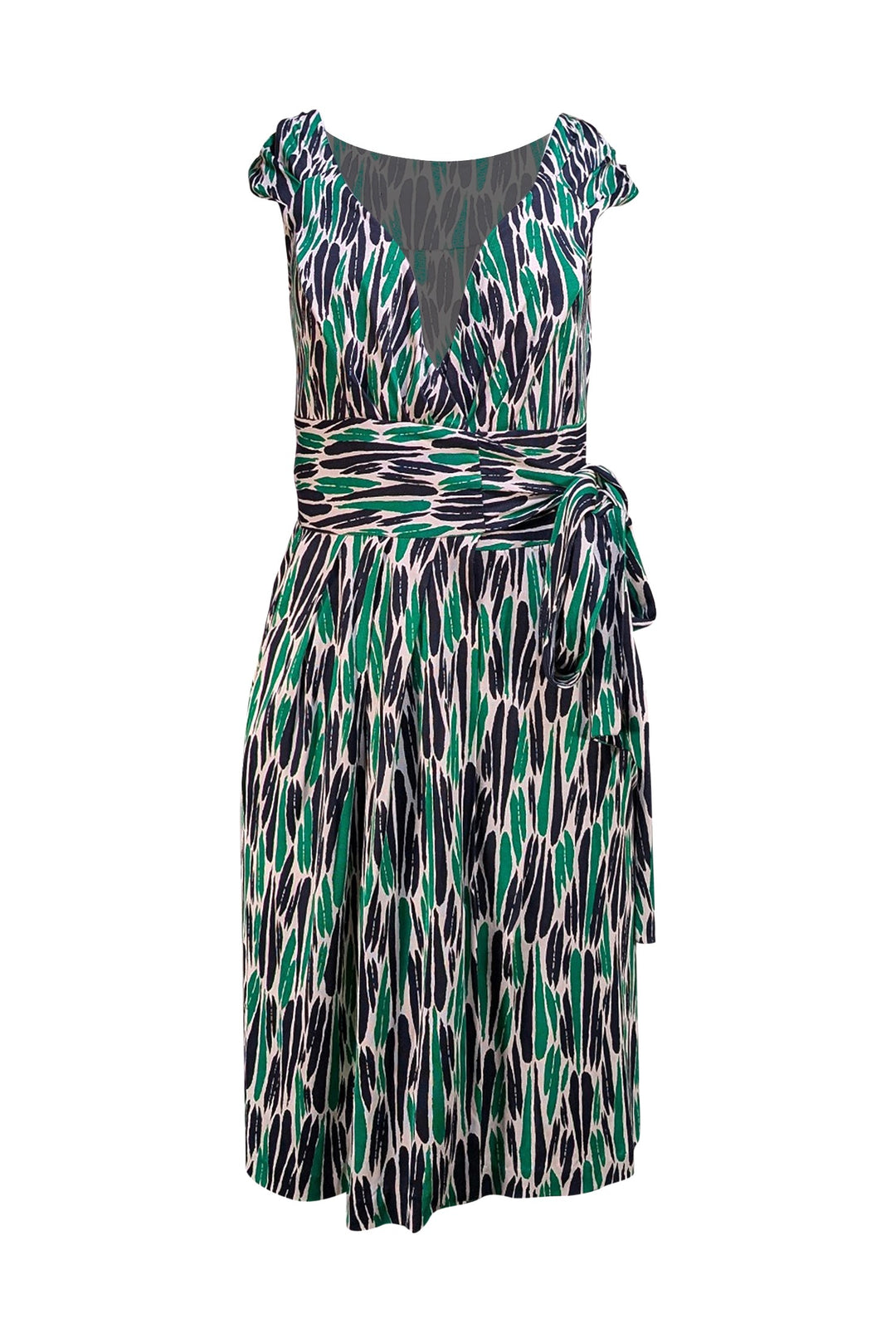 Diane von Furstenberg - Green, Cream, & Green Print Wrap Sleeveless Dr