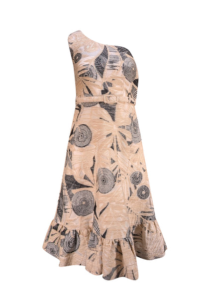 CO - Beige & Black Silk Blend Floral Belted Midi Dress Sz XS - Current Boutique