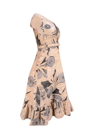 CO - Beige & Black Silk Blend Floral Belted Midi Dress Sz XS - Current Boutique