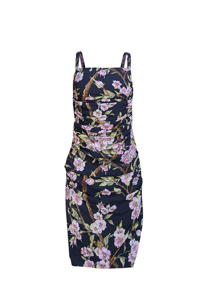 Dolce & Gabbana - Black w/ Pink & Green Floral Print Sleeveless Ruched Dress Sz 8