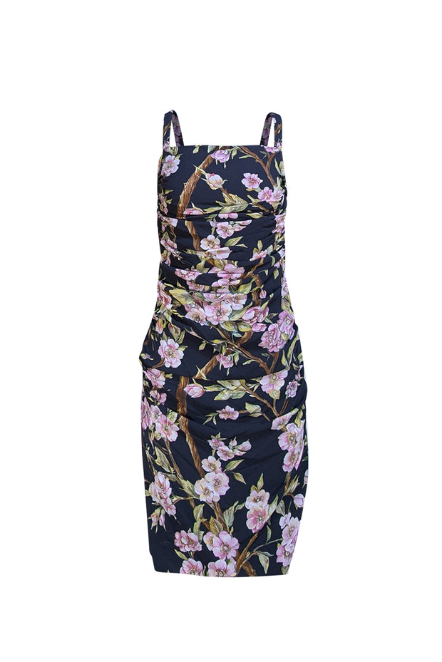 Dolce & Gabbana - Black w/ Pink & Green Floral Print Sleeveless Ruched Dress Sz 8