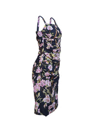 Dolce & Gabbana - Black w/ Pink & Green Floral Print Sleeveless Ruched Dress Sz 8