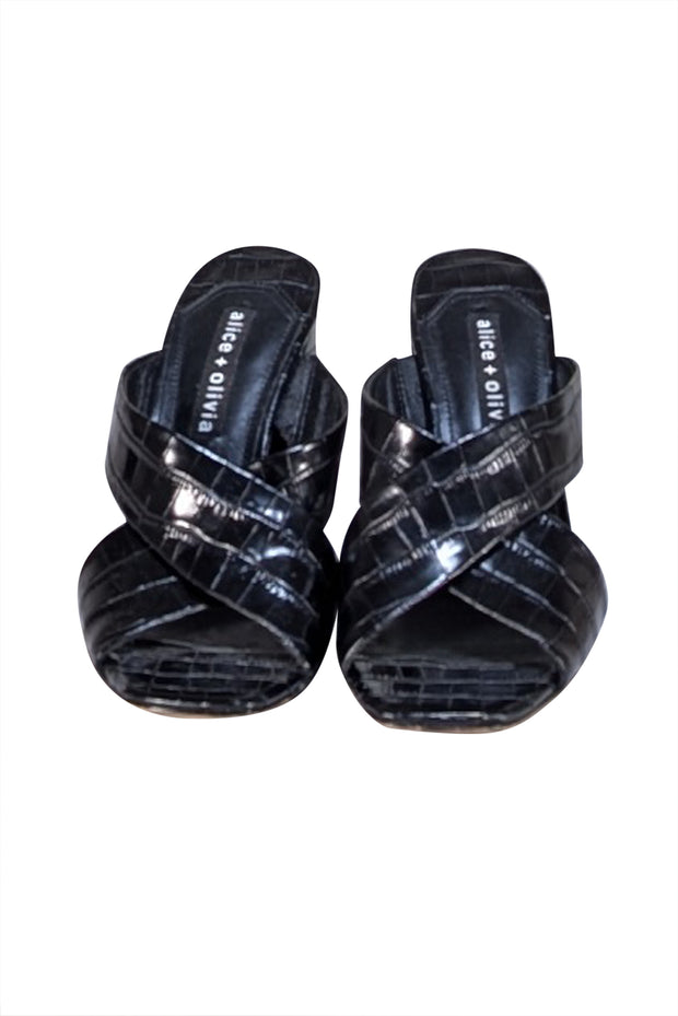 Alice & Olivia - Black Croc Embossed Block Heel Mules Sz 7 - Current Boutique