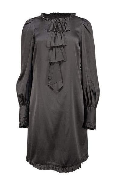 Milly - Grey Silk Blend Ruffle Neckline Shift Dress Sz 6 - Current Boutique