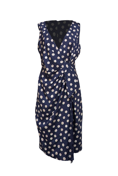 St. John - Navy w/ Taupe Polka Dots Midi Dress Sz 8 - Current Boutique