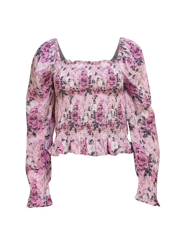 LoveShackFancy - Lavender & Purple Floral Smocked Bodice Blouse Sz M - Current Boutique