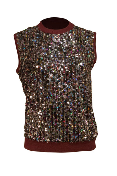 St. John - Maroon Wool Blend Sequin Front Sleeveless Sweater Sz M - Current Boutique