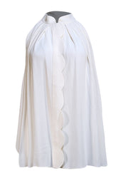 Oscar de la Renta - Ivory Sleeveless Scalloped Trim Sleeveless Blouse Sz 12 - Current Boutique