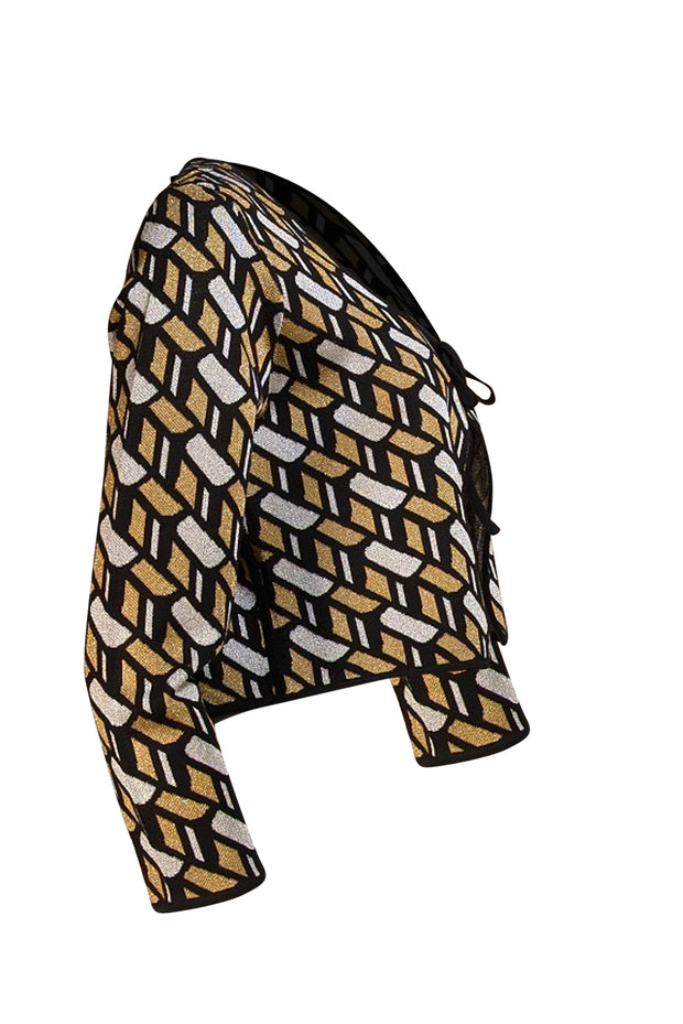 Derek Lam - Black, Gold, & Silver Metallic Geometric Print Cardigan Sz L - Current Boutique