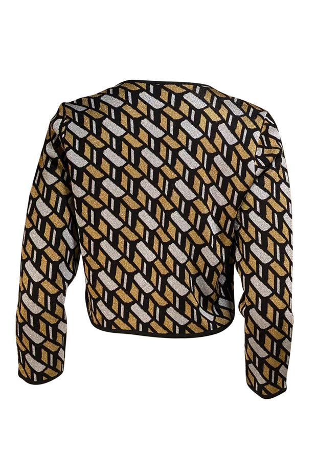 Derek Lam - Black, Gold, & Silver Metallic Geometric Print Cardigan Sz L - Current Boutique