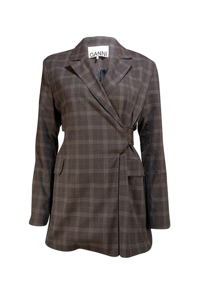 Ganni - Brown Check Longline Blazer Sz 2 - Current Boutique
