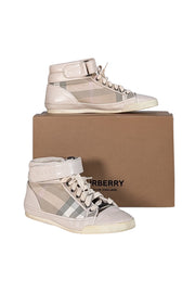 Burberry - Ivory Leather & Beige Plaid High Top Sneakers Sz 10 - Current Boutique