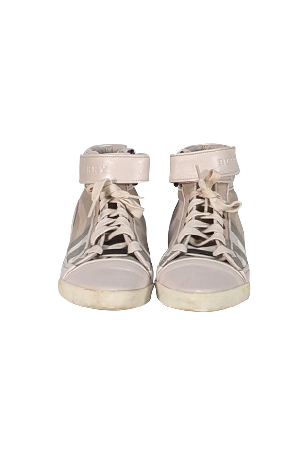 Burberry - Ivory Leather & Beige Plaid High Top Sneakers Sz 10 - Current Boutique