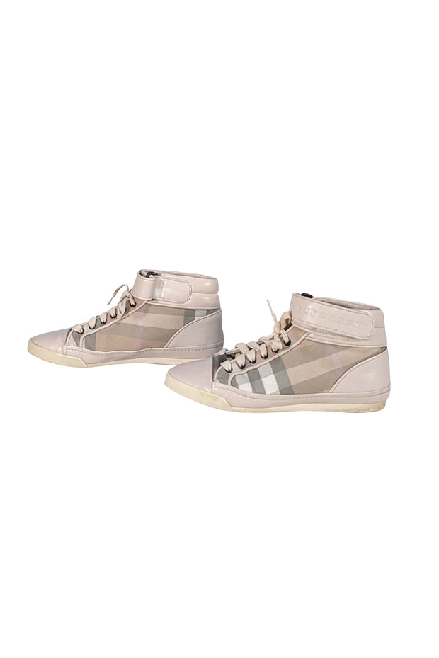 Burberry - Ivory Leather & Beige Plaid High Top Sneakers Sz 10 - Current Boutique