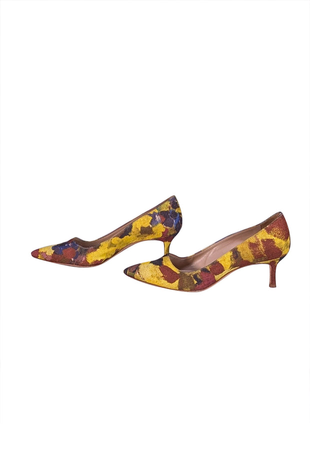 Manolo Blahnik - Yellow, Rust, & Blue Print Low Heels Sz 8.5 - Current Boutique
