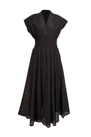 Tory Burch - Black Eyelet Smocked Waist Cotton Maxi Dress Sz 10 - Current Boutique