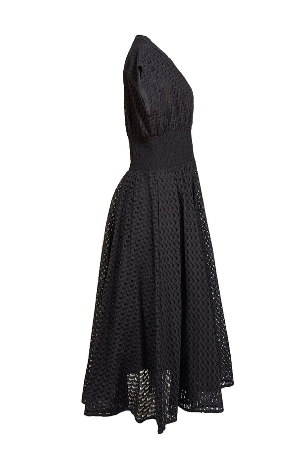 Tory Burch - Black Eyelet Smocked Waist Cotton Maxi Dress Sz 10 - Current Boutique