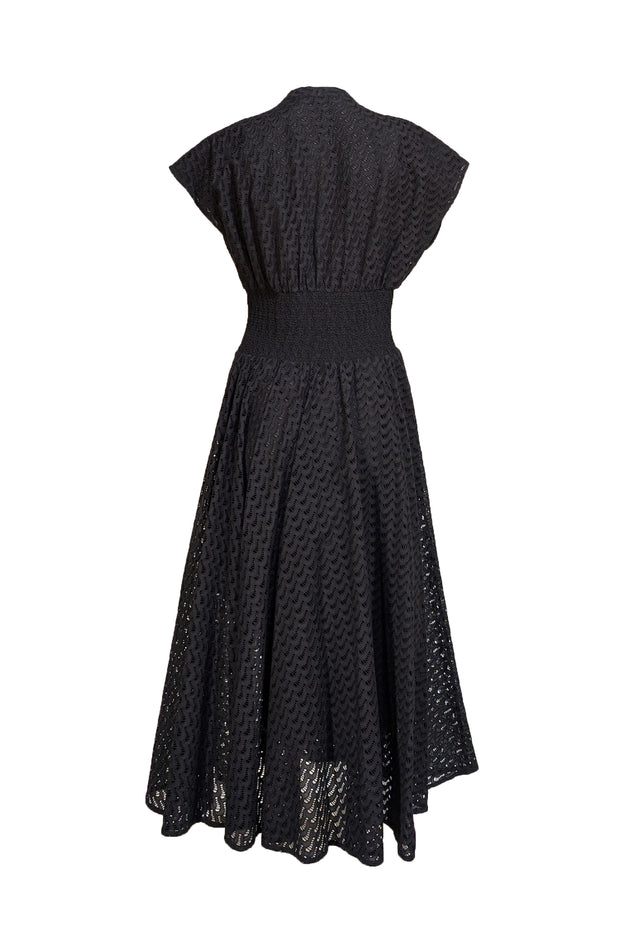 Tory Burch - Black Eyelet Smocked Waist Cotton Maxi Dress Sz 10 - Current Boutique