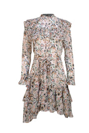 Ted Baker - White, Tan, Pink, Black, & Green Print Ruffle Trim Dress Sz 4