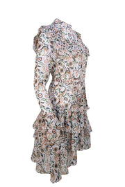 Ted Baker - White, Tan, Pink, Black, & Green Print Ruffle Trim Dress Sz 4