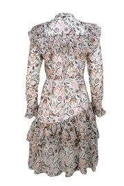 Ted Baker - White, Tan, Pink, Black, & Green Print Ruffle Trim Dress Sz 4