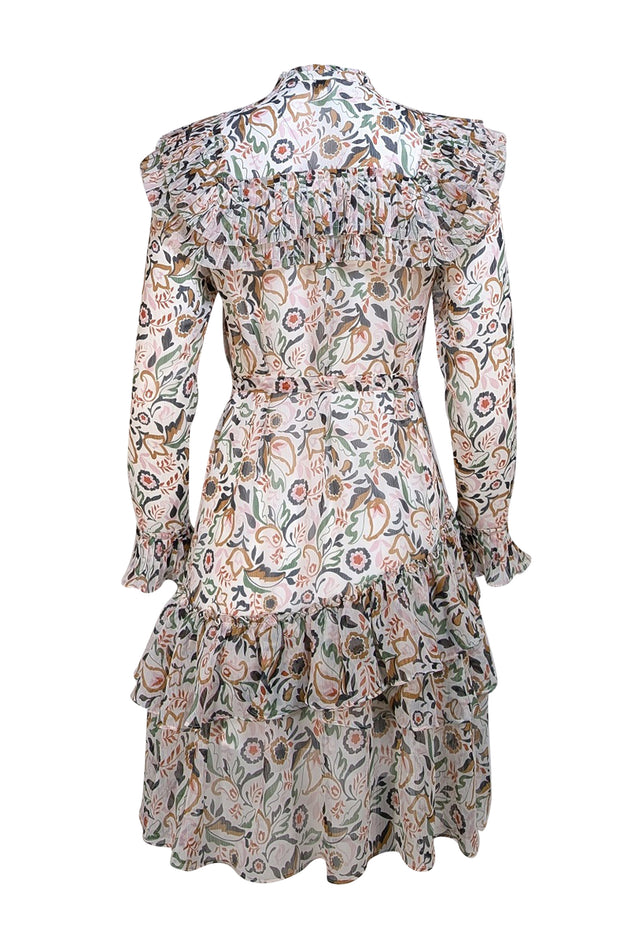Ted Baker - White, Tan, Pink, Black, & Green Print Ruffle Trim Dress Sz 4