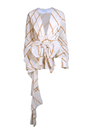 Johanna Ortiz - "Party Wave" Tan & Cream Stripe Peplum Blouse Sz 10 - Current Boutique