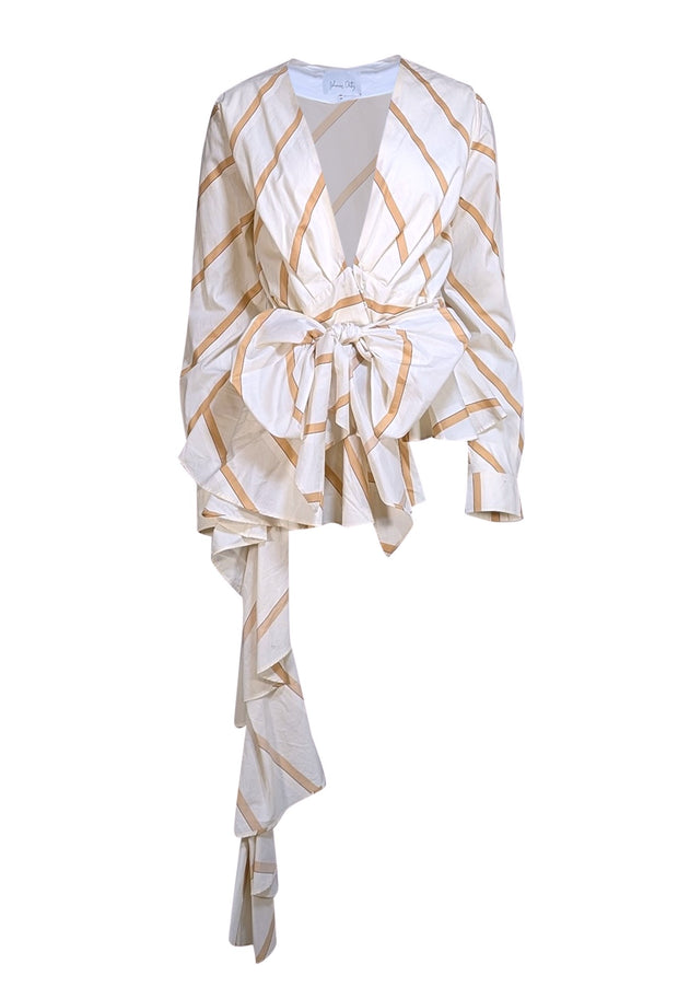 Johanna Ortiz - "Party Wave" Tan & Cream Stripe Peplum Blouse Sz 10 - Current Boutique