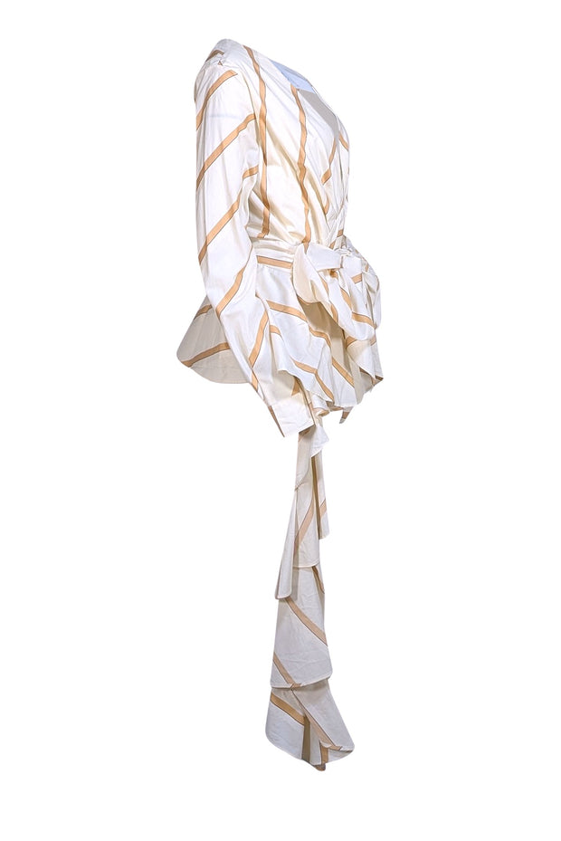 Johanna Ortiz - "Party Wave" Tan & Cream Stripe Peplum Blouse Sz 10 - Current Boutique