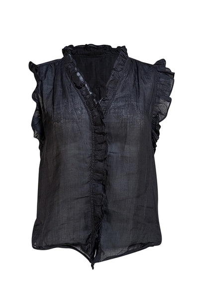 Frame - Black Ruffle Trim Button Front Blouse Sz S - Current Boutique