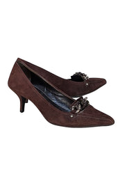 Prada - Chocolate Brown Suede Chain Front Heels Sz 9