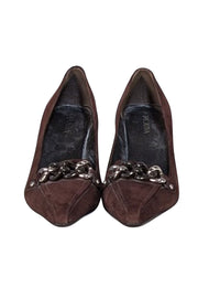 Prada - Chocolate Brown Suede Chain Front Heels Sz 9
