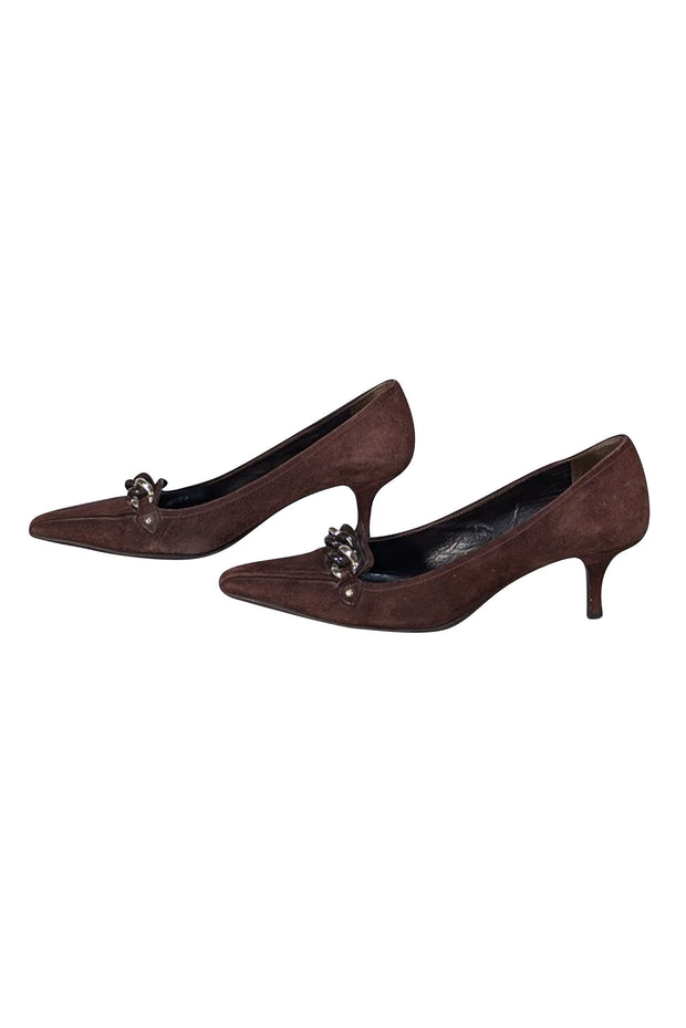Prada - Chocolate Brown Suede Chain Front Heels Sz 9