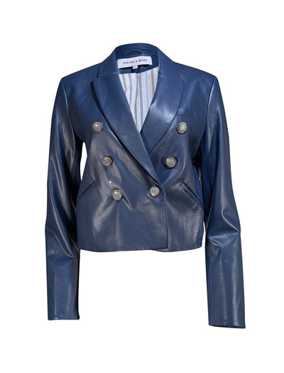 Veronica Beard - Navy Faux Leather Cropped Blazer Sz 8 - Current Boutique