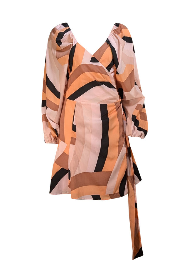 Hutch - Pink, Peach, Tan, &amp; Brown Print Wrap Dress Sz L - Current Boutique